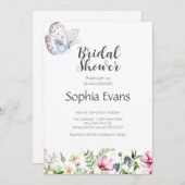蝶とワイルドフラワーホワイトブライダルシャワー 招待状 (正面/裏面)
