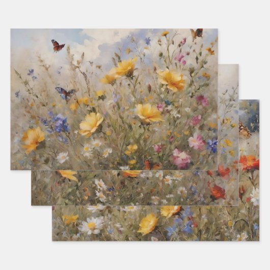 蝶とワイルドフラワー ラッピングペーパーシート (セット)