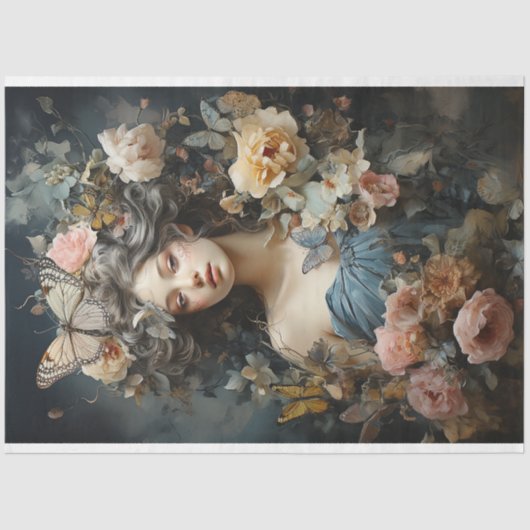 蝶とヴィンテージのドレスを着た美しい女性 薄葉紙 (正面)