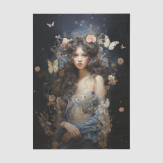 蝶とヴィンテージのドレスを着た美しい女性 薄葉紙