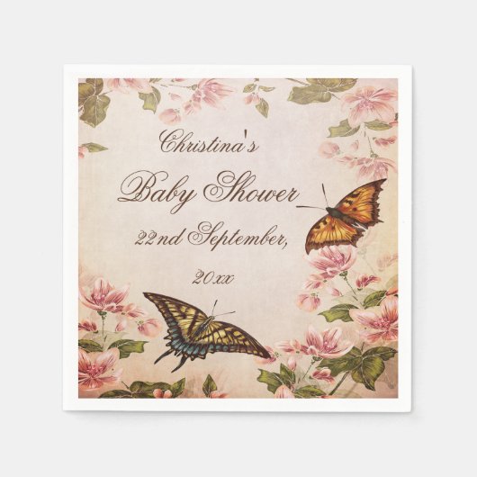 蝶とヴィンテージアーモンドブロッサムセルヴィエト スタンダードカクテルナプキン (正面)