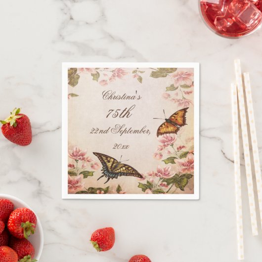 蝶とヴィンテージアーモンドブロッサムセルヴィエト スタンダードカクテルナプキン (インサイチュ)