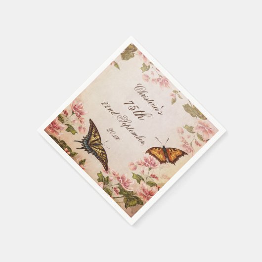 蝶とヴィンテージアーモンドブロッサムセルヴィエト スタンダードカクテルナプキン (角)