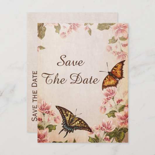 蝶とヴィンテージアーモンドブロッサム日付を保存 案内ポストカード (正面/裏面)