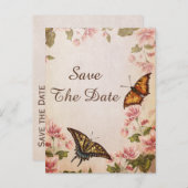 蝶とヴィンテージアーモンドブロッサム日付を保存 案内ポストカード (正面/裏面)