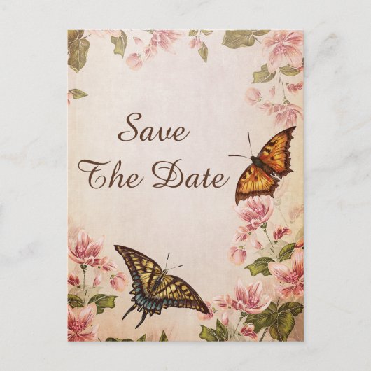 蝶とヴィンテージアーモンドブロッサム日付を保存 案内ポストカード (正面)