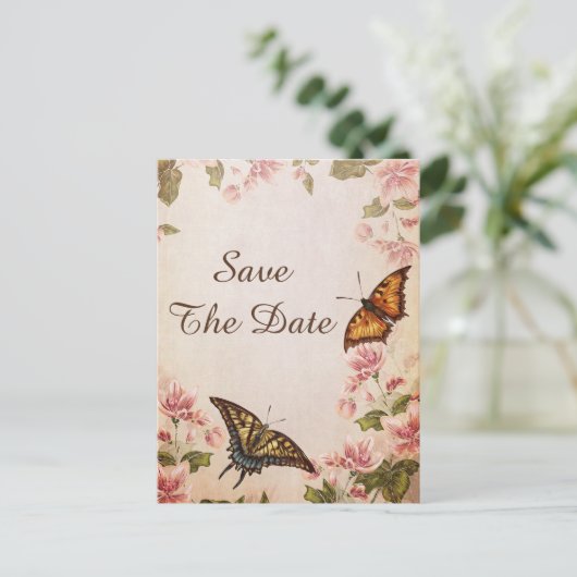 蝶とヴィンテージアーモンドブロッサム日付を保存 案内ポストカード (スタンド正面)