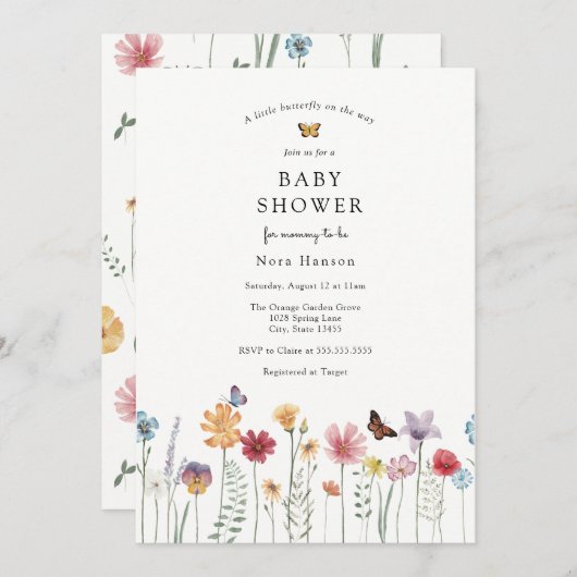 蝶と咲く野花の赤ちゃんシャワー 招待状 (正面/裏面)