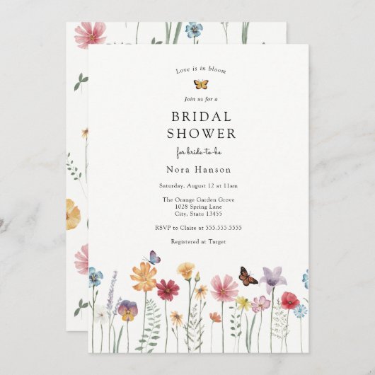 蝶と咲く野花ブライダルシャワー 招待状 (正面/裏面)