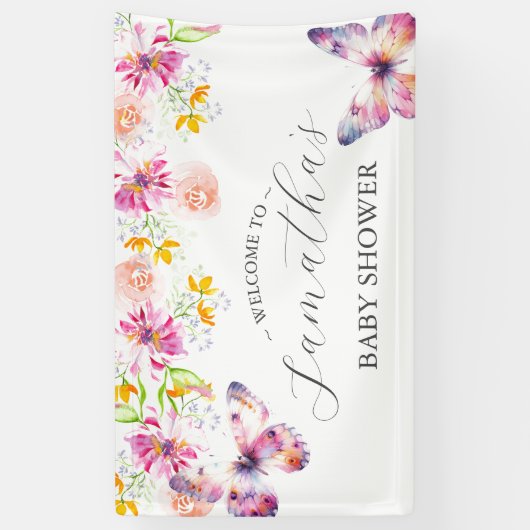 蝶と子守歌の赤ちゃんシャワーのサイン 横断幕 (縦)