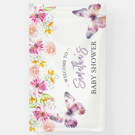 蝶と子守歌の赤ちゃんシャワーのサイン 横断幕 (縦)