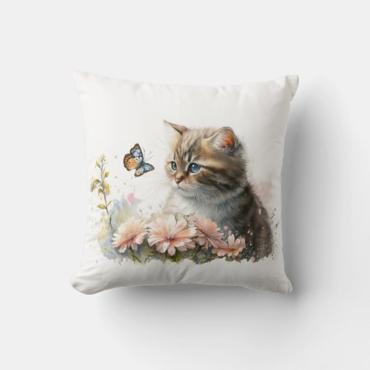 蝶と庭の猫 クッション (正面)