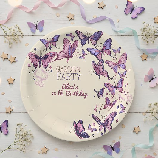 蝶と庭の誕生日パーティー ペーパープレート