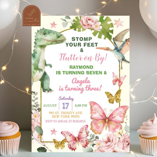 蝶と恐竜の共同兄弟誕生日 招待状