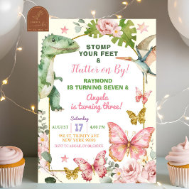 蝶と恐竜の関節兄弟姉妹誕生日 招待状