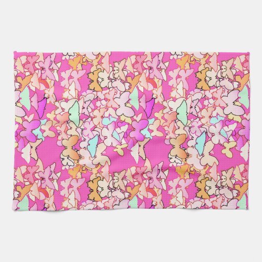 蝶と数々の深いピンク キッチンタオル (横)