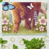 蝶と春の花のハイランド牛 キッチンタオル (折り畳み)