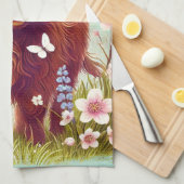 蝶と春の花のハイランド牛 キッチンタオル (四つ折り)