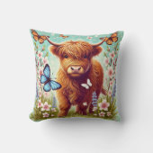蝶と春の花のハイランド牛 クッション (正面)