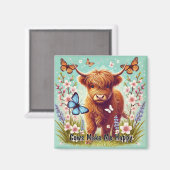 蝶と春の花のハイランド牛 マグネット (正面/裏面)