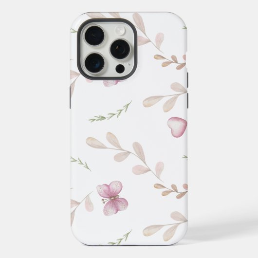 蝶と植物とハートのシームレスパターン iPhoneケース (裏面)