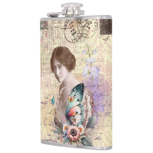 蝶と植物を持つヴィンテージの婦人 フラスク (左)