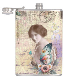蝶と植物を持つヴィンテージの婦人 フラスク