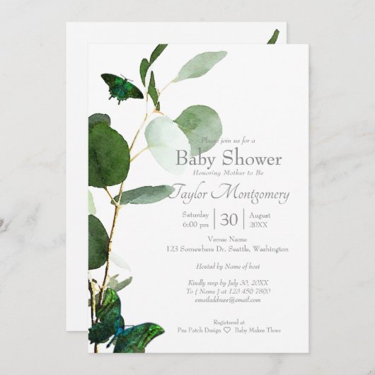 蝶と水の色の緑の赤ちゃんシャワー 招待状 (正面/裏面)