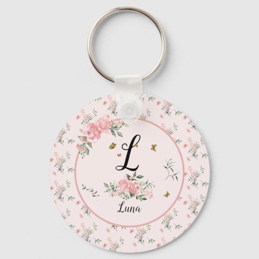 蝶と水エレガント色ピンクのバラ キーホルダー (正面)