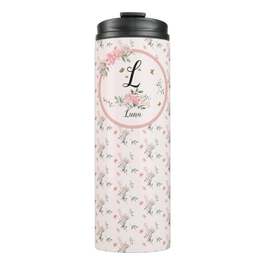 蝶と水エレガント色ピンクのバラ タンブラー (正面)