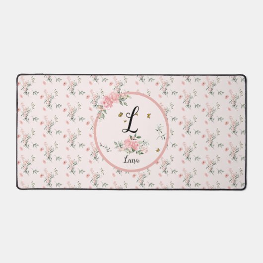 蝶と水エレガント色ピンクのバラ デスクマット (正面)