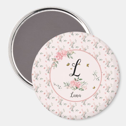 蝶と水エレガント色ピンクのバラ マグネット (正面/裏面)