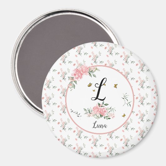 蝶と水エレガント色ピンクのバラ マグネット (正面/裏面)