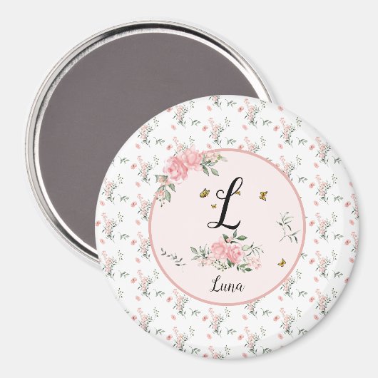 蝶と水エレガント色ピンクのバラ マグネット (正面/裏面)