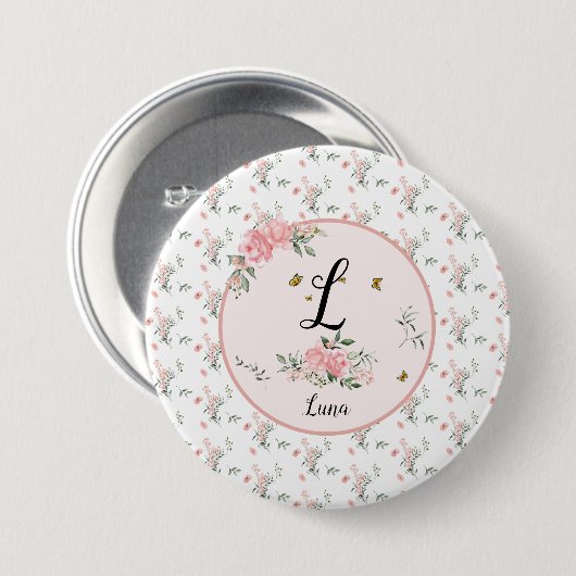 蝶と水エレガント色ピンクのバラ 缶バッジ (正面&裏面)