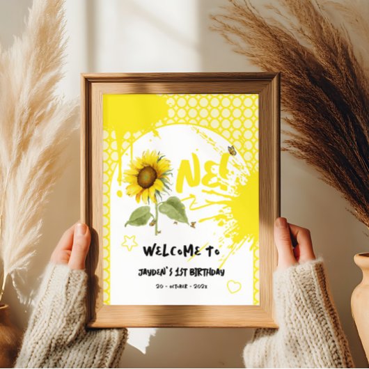 蝶と水色ひまわり歓迎サイン ポスター