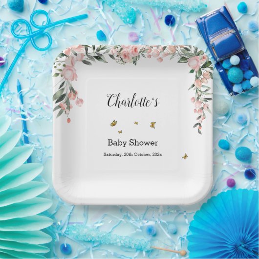 蝶と水色ピンクのバラ赤ちゃんシャワー ペーパープレート (パーティー)