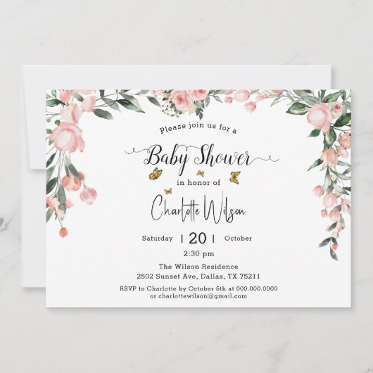 蝶と水色ピンクのバラ赤ちゃんシャワー 招待状 (正面)