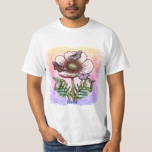 蝶と淡いポピー Tシャツ (正面)