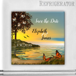 蝶と湖の夕日のマグネットを保存 マグネット