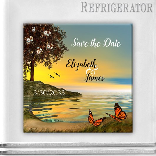 蝶と湖の夕日のマグネットを保存 マグネット