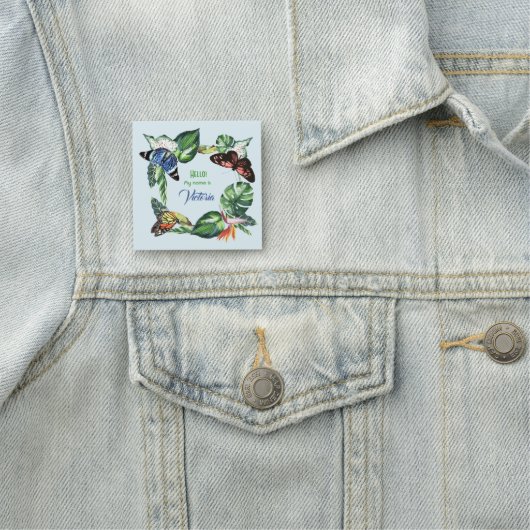 蝶と熱帯葉の水色 名札 (インサイチュ)