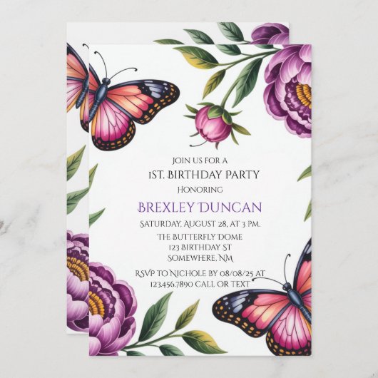 蝶と牡丹ガール1st.誕生日パーティー 招待状 (正面/裏面)