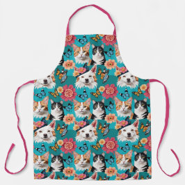 蝶と犬のフローラピンクのティール（緑がかった色） エプロン