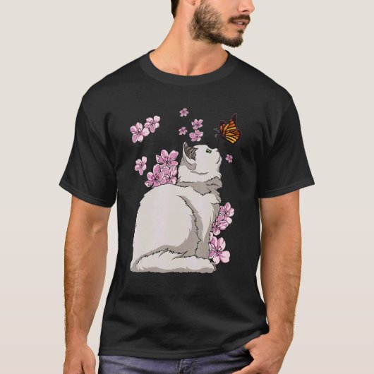 蝶と猫の日本の桜の花 Tシャツ (正面)