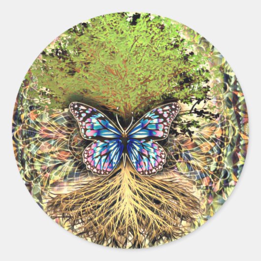 蝶と生活の木の金ゴールド ラウンドシール (正面)