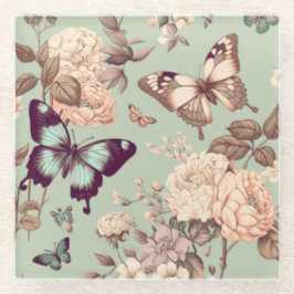 蝶と花ωερυライトグリーンの装飾 ガラスコースター