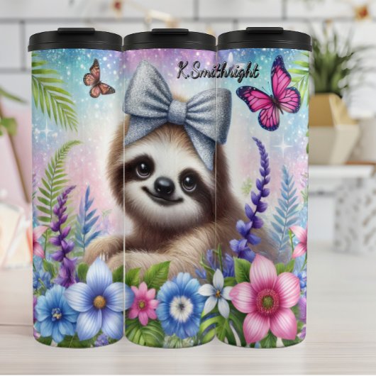 蝶と花が咲き乱れるかわいいナマケモノ タンブラー