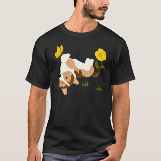 蝶と花と草むらで転がるコーギー Tシャツ (正面)