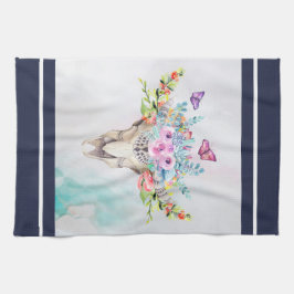 蝶と花とBoho動物スカル キッチンタオル